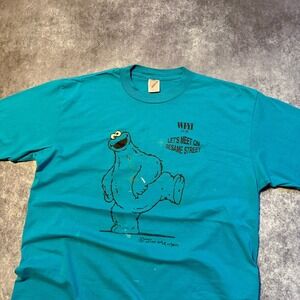 Vintage WFYI‎ Sesame Street Cookie Monster T Shirt Jerzees Mens XL Teal PBS Kids